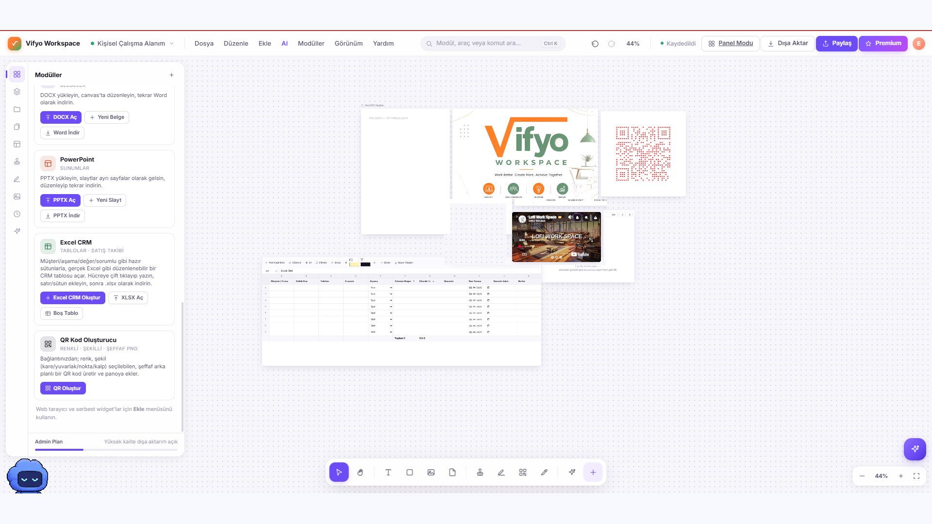 Vifyo Workspace çalışma alanında belge, tasarım ve CRM araçları